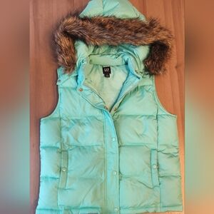 GAP Mint Green Puffer Vest with W/Removable Faux Fur Trim Hood